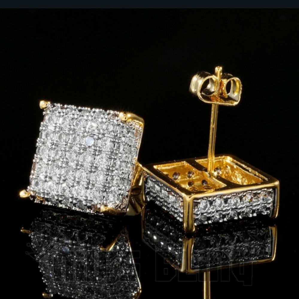 18k Gold Bling out iced AAA square stud lab Diamond earrings